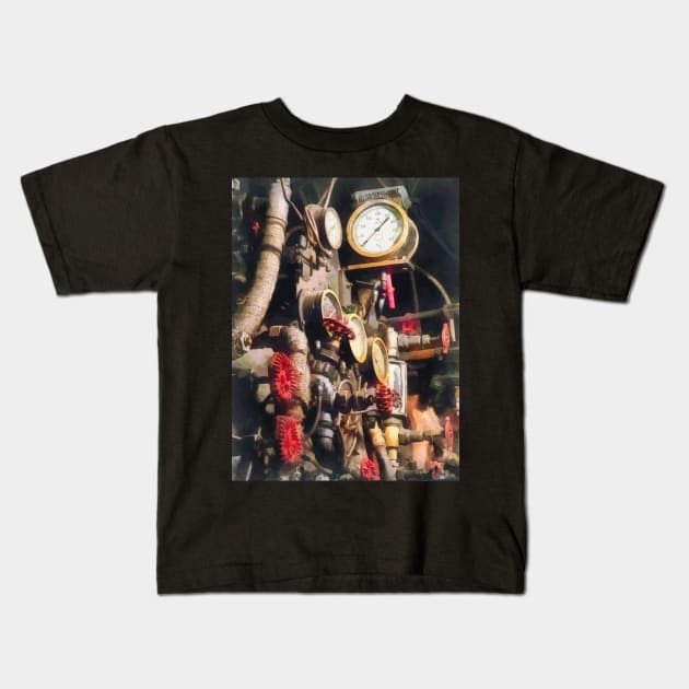 Trains - Inside Cab of Steam Locomotive Kids T-Shirt by SusanSavad